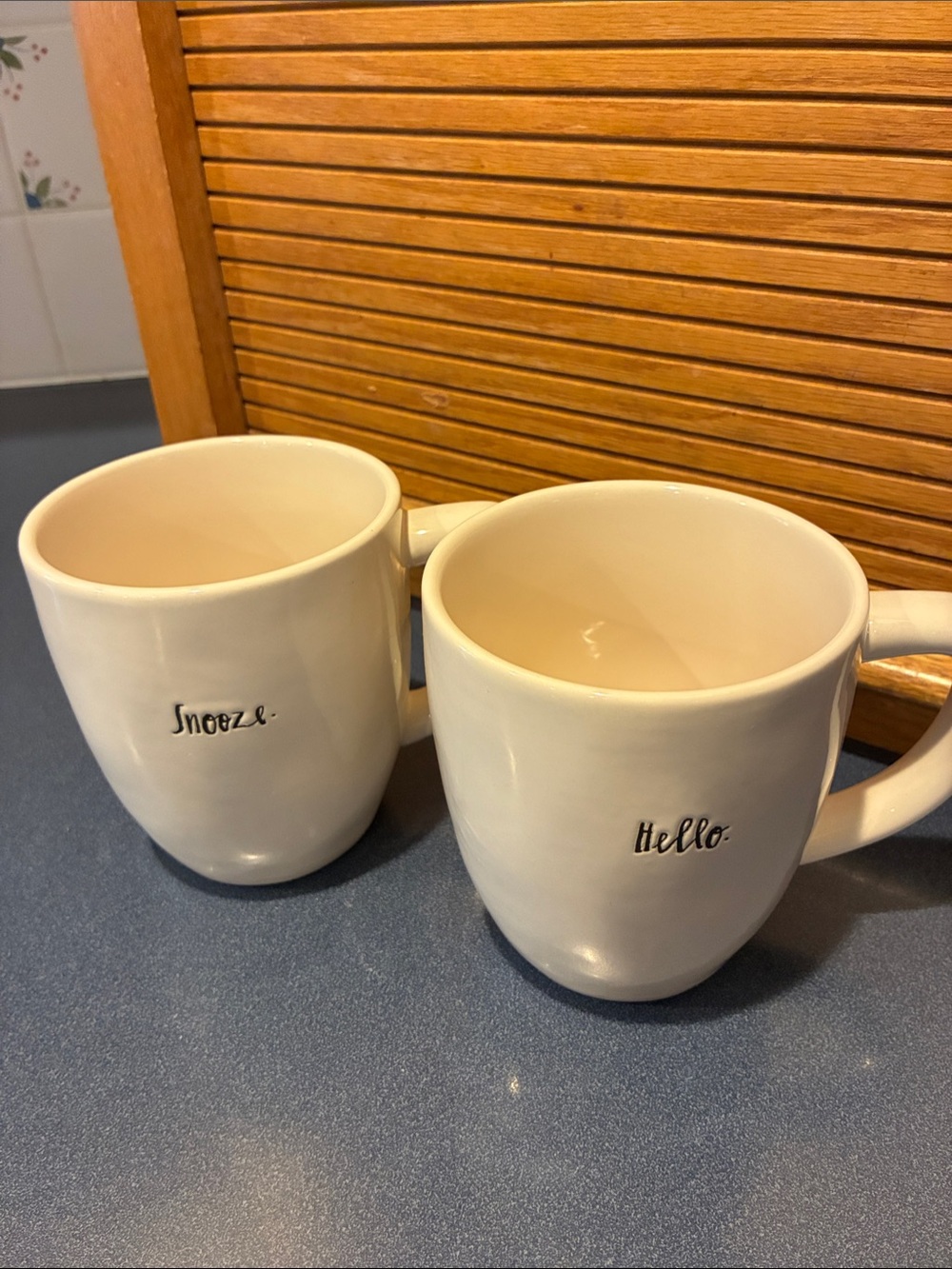 Rae Dunn White Ceramic Mugs with 'Hello' and 'Snooze'